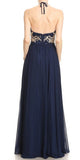Navy Blue Appliqued Long Prom Dress High Neckline