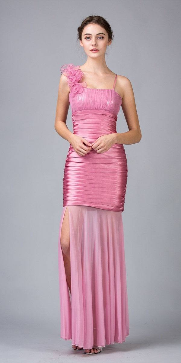 Sheer Skirt Sleeveless Thigh Slit Dusty Pink Long Prom Dress