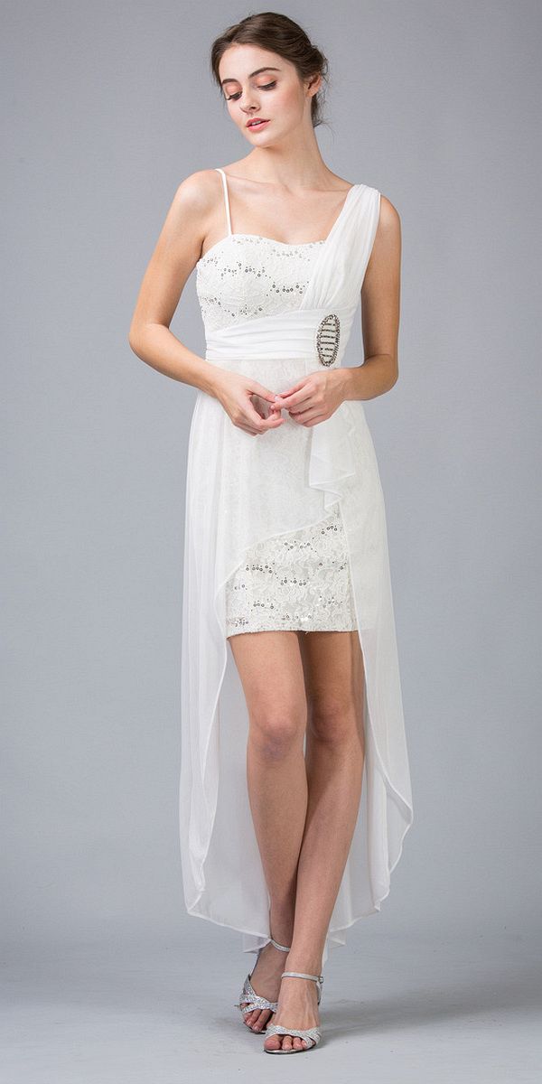 Spaghetti Strapped Short Chiffon Ivory Sheath Semi Formal Dress