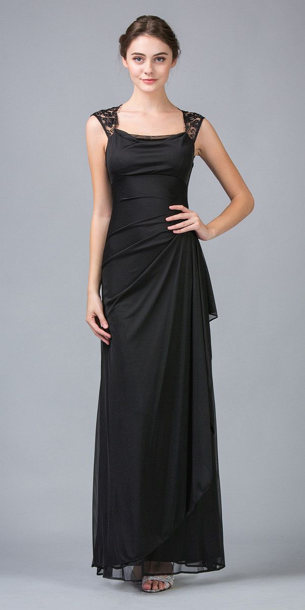 Eureka Fashion 1927 Keyhole Back Sheer Strapped Long Black Formal Gown