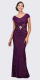 Eureka Fashion 2003 Short Sleeved V Neckline Long Plum Lace Column Gown