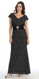 Short Sleeved V Neckline Long Black Lace Column Gown