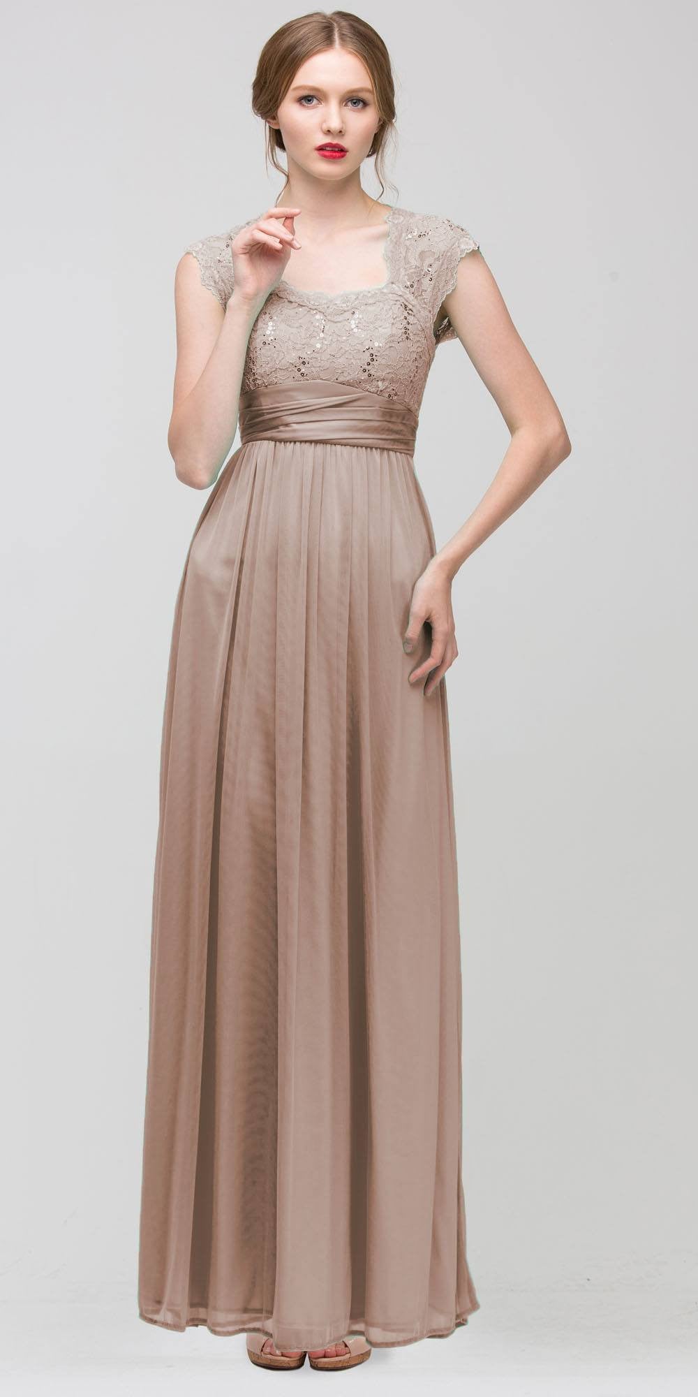 Sweetheart Neck Lace Bodice Mocha Floor Length Dress