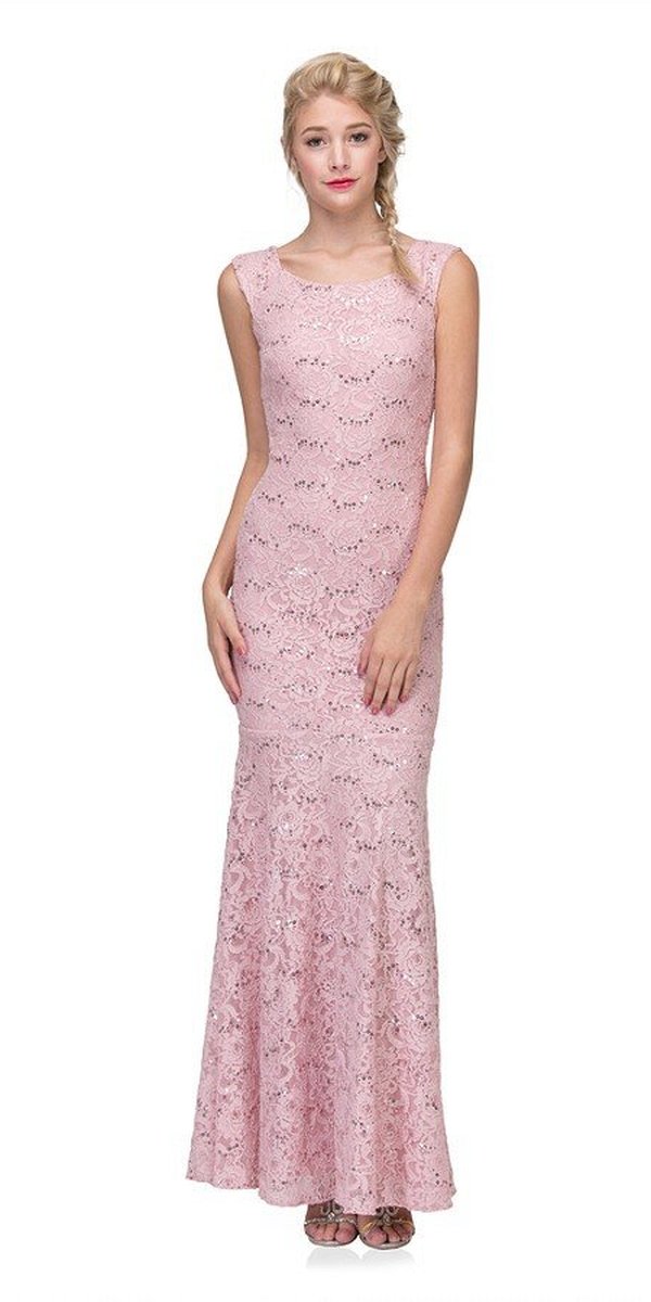 Eureka Fashion 2072 Sleeveless Lace Sequins Fit and Flare Evening Gown Blush Floor Length