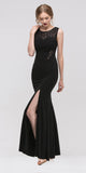Round Neckline Black Evening Gown with Lace Accent and Slit