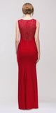 Round Neckline Red Evening Gown with Lace Accent and Slit