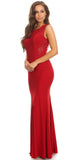 Round Neckline Red Evening Gown with Lace Accent and Slit