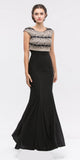 Sleeveless Black Jersey Fitted Prom Gown with Gold Lace Bodice