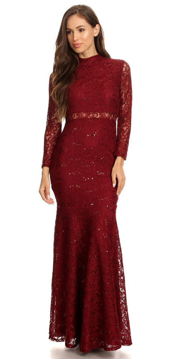 Long Sleeve Lace Full Length Dress Burgundy Mock 2 Piece High Neck