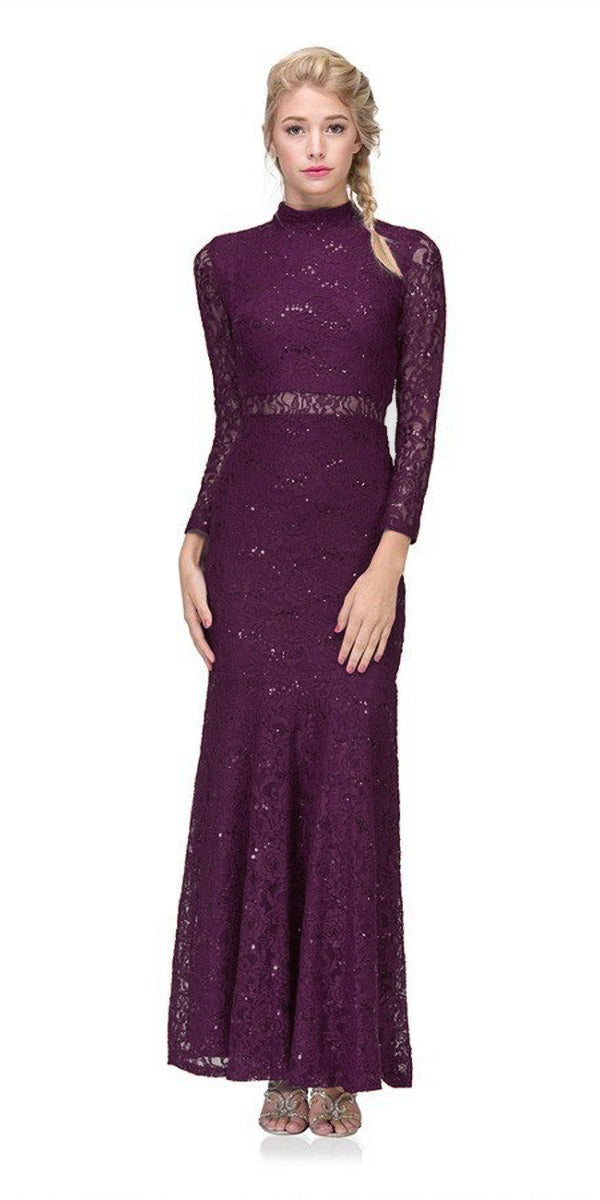 Eureka Fashion 2095 Long Sleeve Lace Full Length Dress Plum Mock 2 Piece High Neck