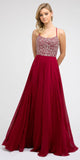 Juliet 210 Burgundy Long Beaded Prom A-Line Dress Strappy-Open-Back