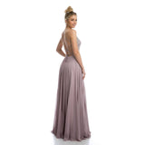 Mocha Long Beaded Prom Dress with Strappy-Open-Back