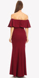 Long Formal Burgundy Dress Off Shoulder with V-Notch Ruffled Bodice