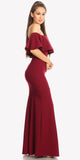 Long Formal Burgundy Dress Off Shoulder with V-Notch Ruffled Bodice