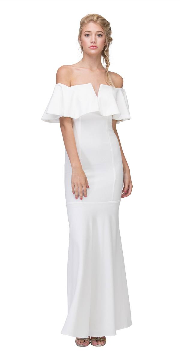 Eureka Fashion 2102 Long Formal Off White Dress Off Shoulder with V-Notch Ruffled Bodice