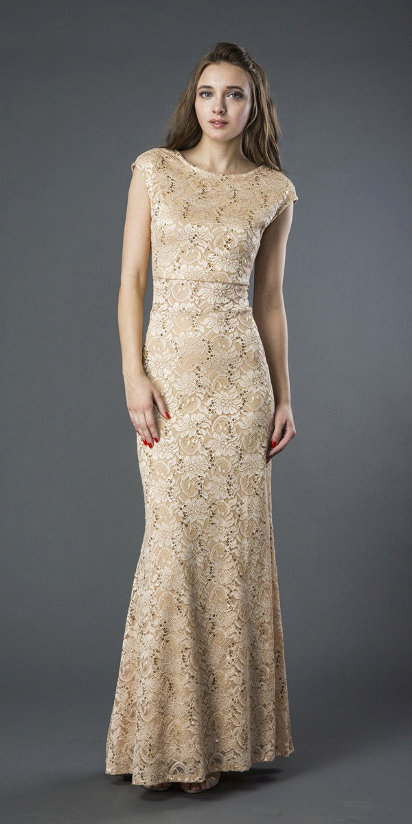 Keyhole Back Mermaid Style Long Formal Dress Gold