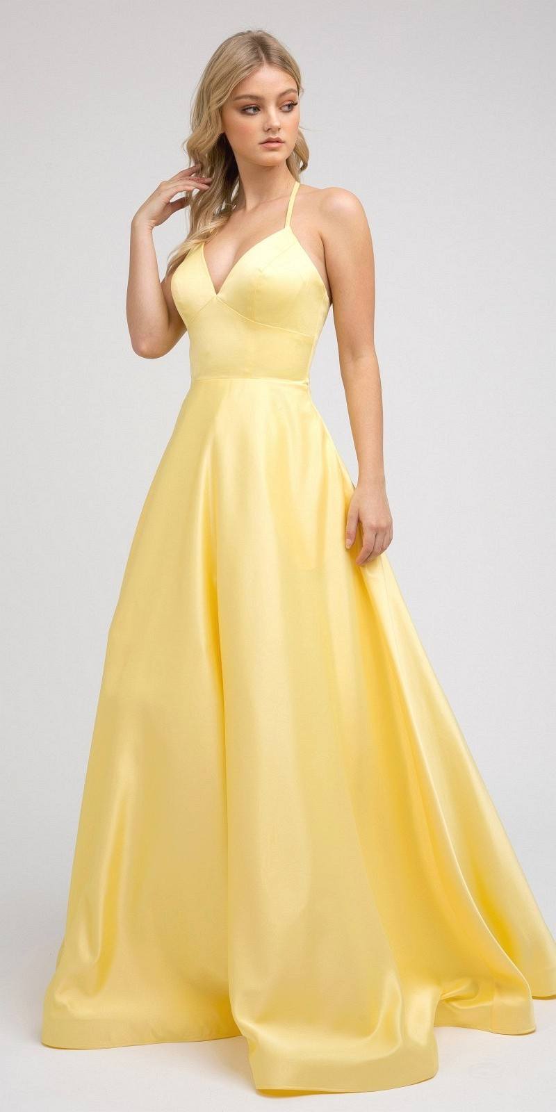 Stylish Back Long Prom Dress Yellow with Pockets