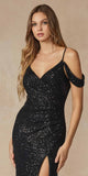 Juliet 2410 Long Off the Shoulder Sequin Gown with Skirt Slit