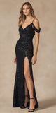 Juliet 2410 Long Off the Shoulder Sequin Gown with Skirt Slit