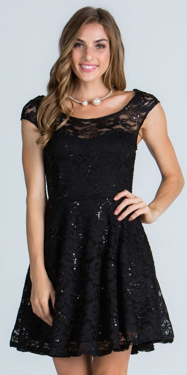 Lace Cap Sleeves Short Cocktail Dress Boat Neckline Black