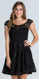 Lace Cap Sleeves Short Cocktail Dress Boat Neckline Black