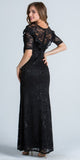 Black Illusion Ruffled Neckline Long Formal Dress Short Sleeves