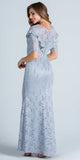 Silver Illusion Ruffled Neckline Long Formal Dress Short Sleeves