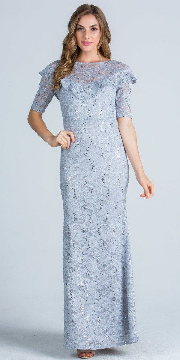 Silver Illusion Ruffled Neckline Long Formal Dress Short Sleeves