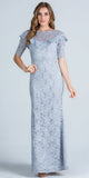 Silver Illusion Ruffled Neckline Long Formal Dress Short Sleeves