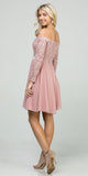 Off-Shoulder Long Sleeved Short Cocktail Dress Mauve