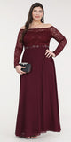 La Scala 25418 Plus Size Long Sleeved Lace Bodice A-Line Long Formal Dress Burgundy