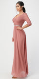 La Scala 25434 Long Evening Dark Mauve Chiffon Dress Lace Mid-Length Sleeve