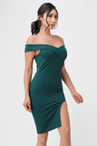La Scala 25451 Hunter Green Off-Shoulder Short Cocktail Dress with Slit