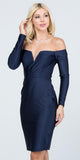 Long Sleeved Off-Shoulder Cocktail Short Dress Navy Blue