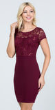 Short Pencil Dress Burgundy Short Sleeve Lace Top Form Fit