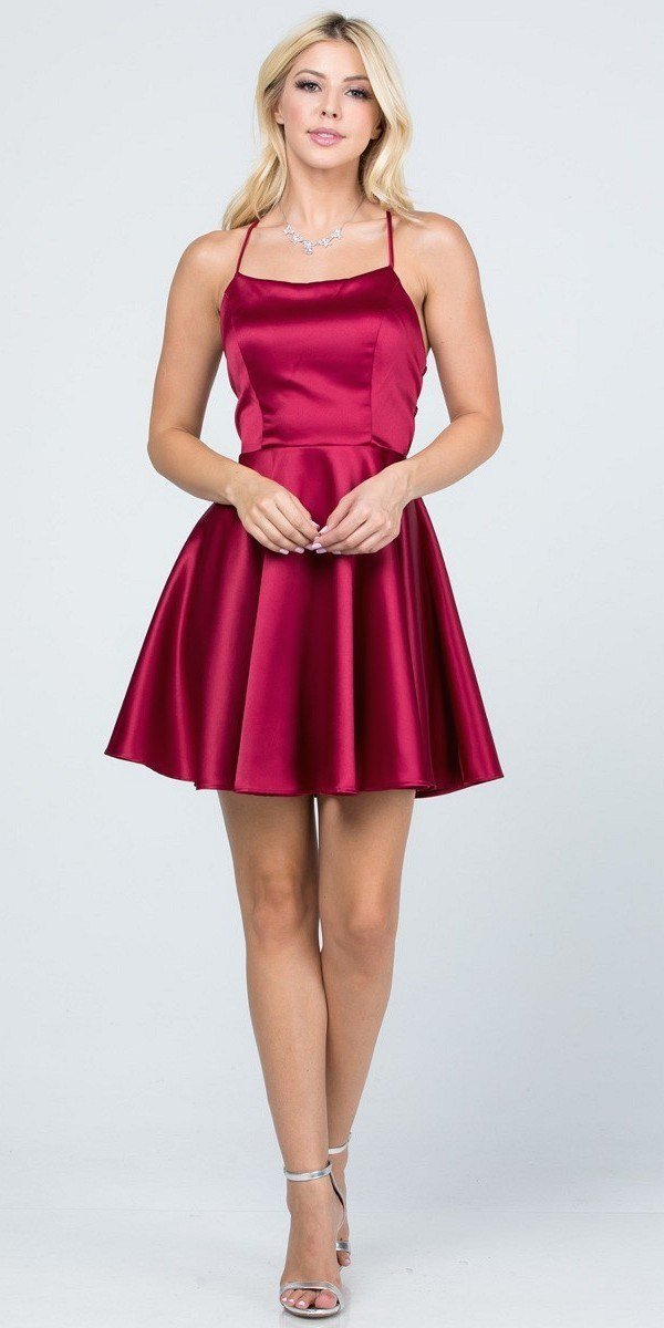 Short Fit and Flare Wine Dress Spaghetti Straps Criss Cross Back