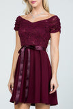 Off The Shoulder Ruched Sleeve Lace Fit And Flare Burgundy Dress Sash Satin Waist
