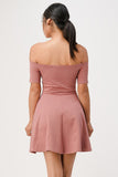La Scala 25795 Off the Shoulder Short Sleeve Skater Dress Dark Mauve
