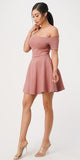 La Scala 25795 Off the Shoulder Short Sleeve Skater Dress Dark Mauve