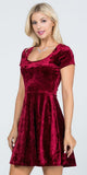 Crushed Velvet Short Sleeve Skater Dress Burgundy