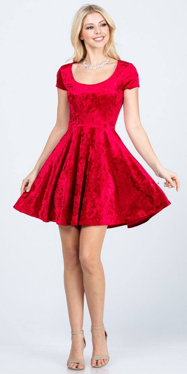 La Scala 25821 Crushed Velvet Short Sleeve Red Skater Dress