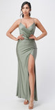 La Scala 25872 Long Rust Olive Party Dress Pleated Spaghetti Strap Side Leg Slit