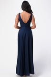 La Scala 25953 Full Length Tricot A-Line Navy Blue Dress Deep V-Neck Empire Waist