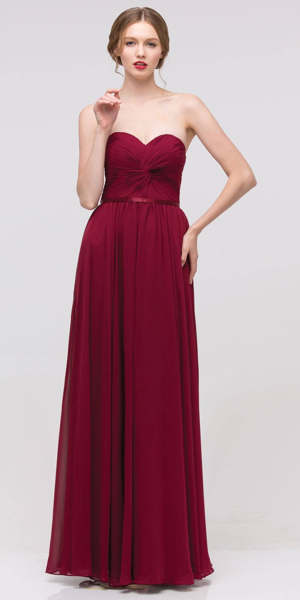 Sweetheart Neck Ruched Bodice Long A Line Burgundy Gown