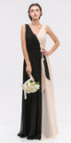 Black/Taupe V-Neck Ruched Bodice A-Line Formal Dress Long
