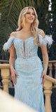 Juliet 288 Long Off the Shoulder Feather Strap Fitted Glitter Print Gown