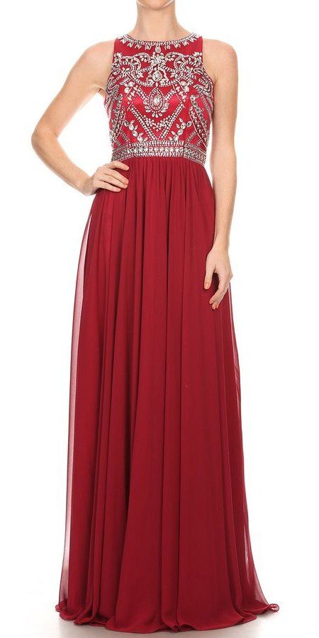 Wine Beaded Long Prom Dress Sleeveless