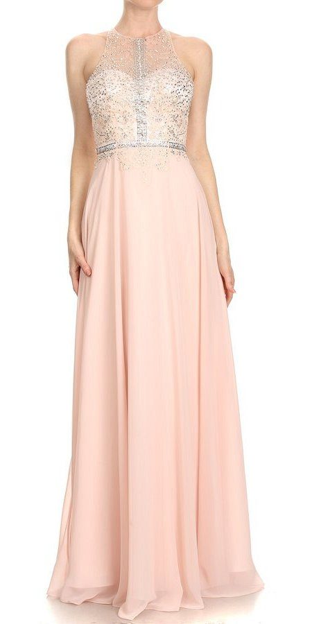 Halter Long Prom Dress Illusion Keyhole Back Blush