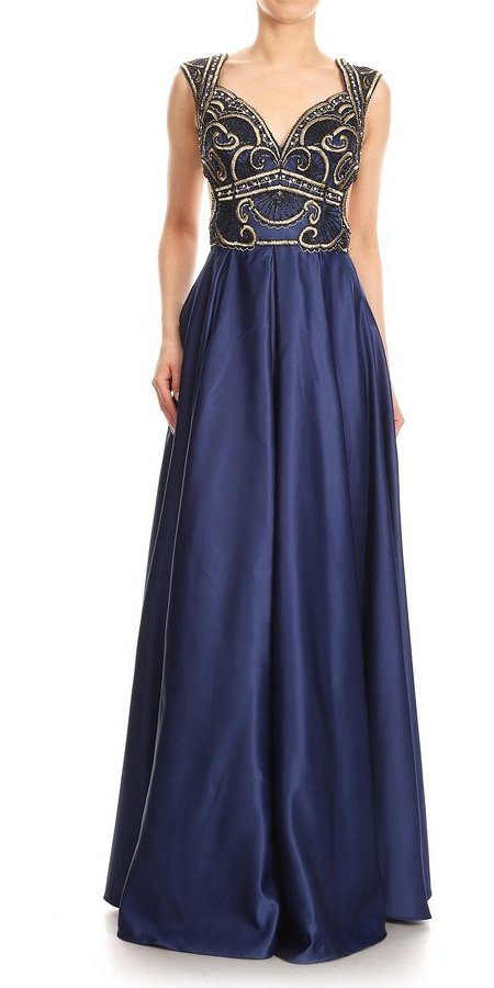 Navy Blue Embroidered Bodice Long Prom Dress