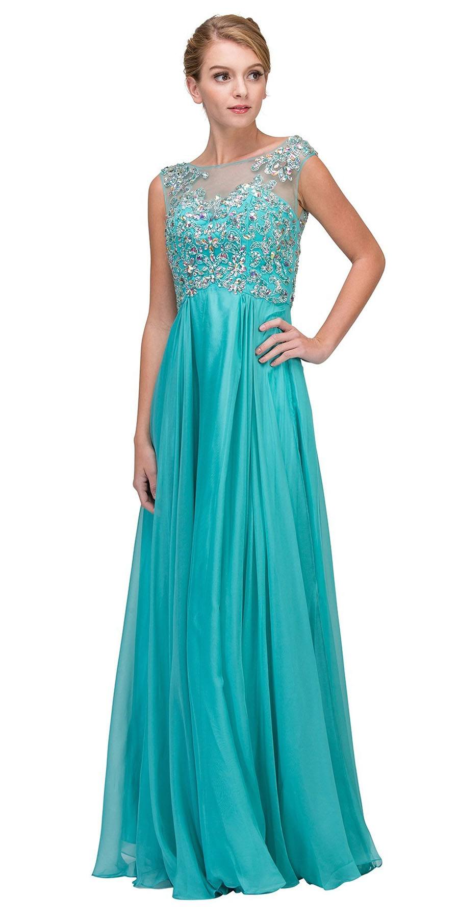 Sleeveless Long Studded A Line Meshed Yoke Mint Prom Dress